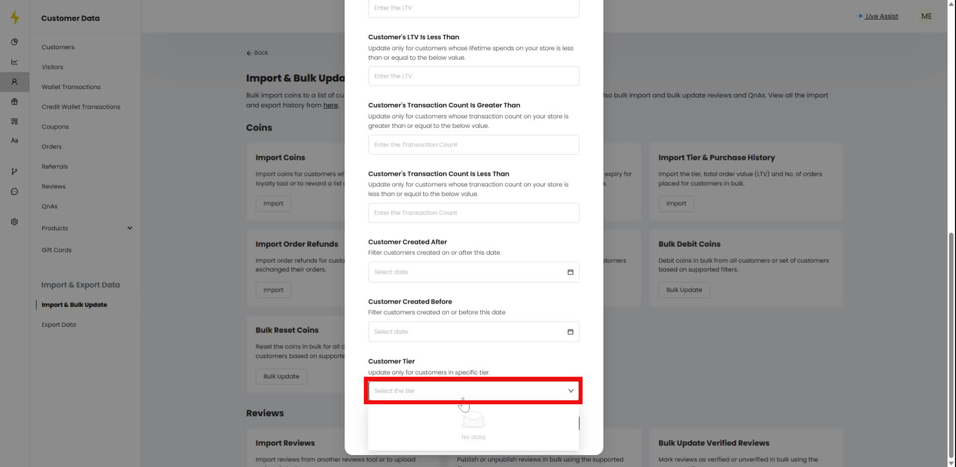 In the modal, observe the dropdown menu displaying "No data."