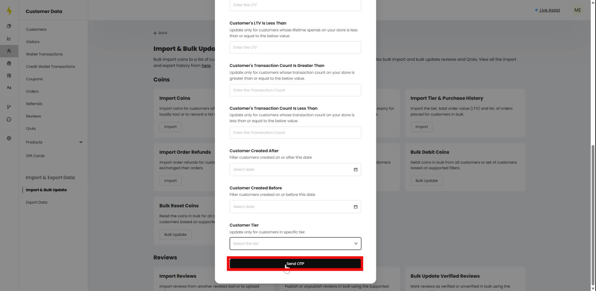 In the modal, click the "Send OTP" button.