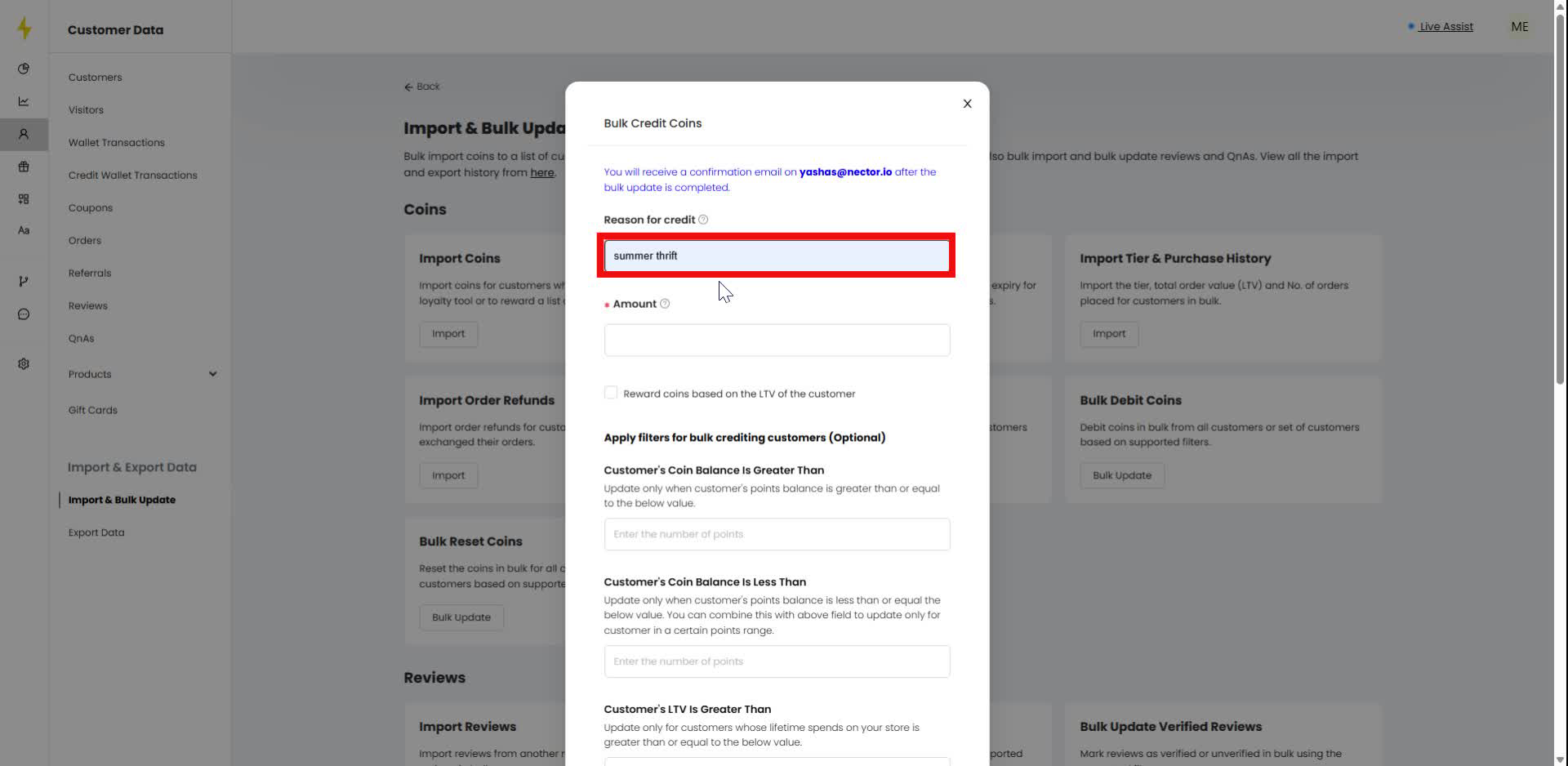 In the modal, enter "summer thrift" in the "Reason for credit" field.