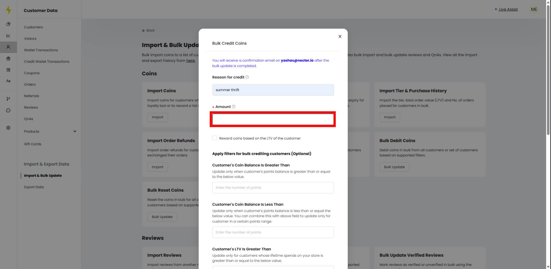 In the modal, click on the "Amount" field to enter a value.