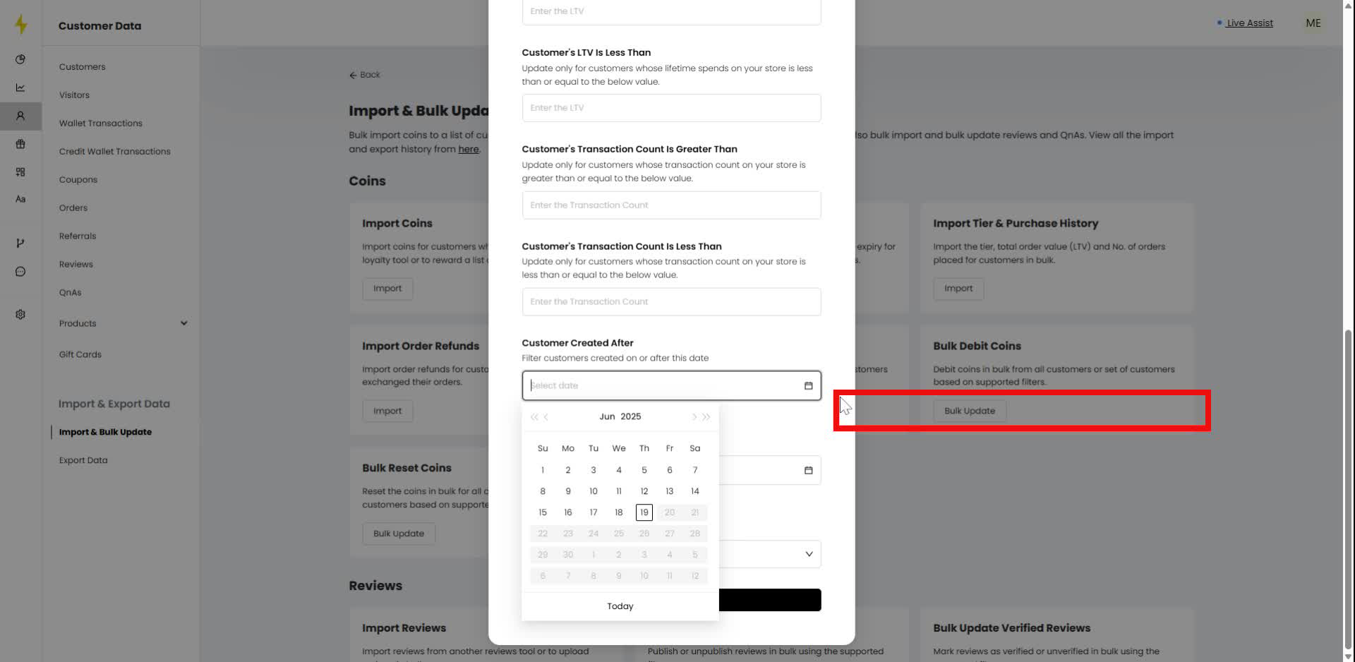 In the modal, choose a date from the calendar for "Customer Created After."