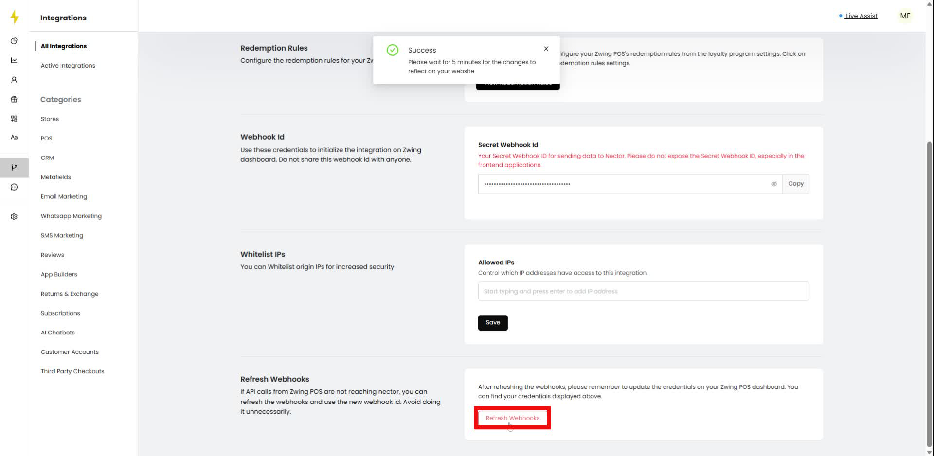 In the Refresh Webhooks section, click the Refresh Webhooks button to update the webhook credentials.