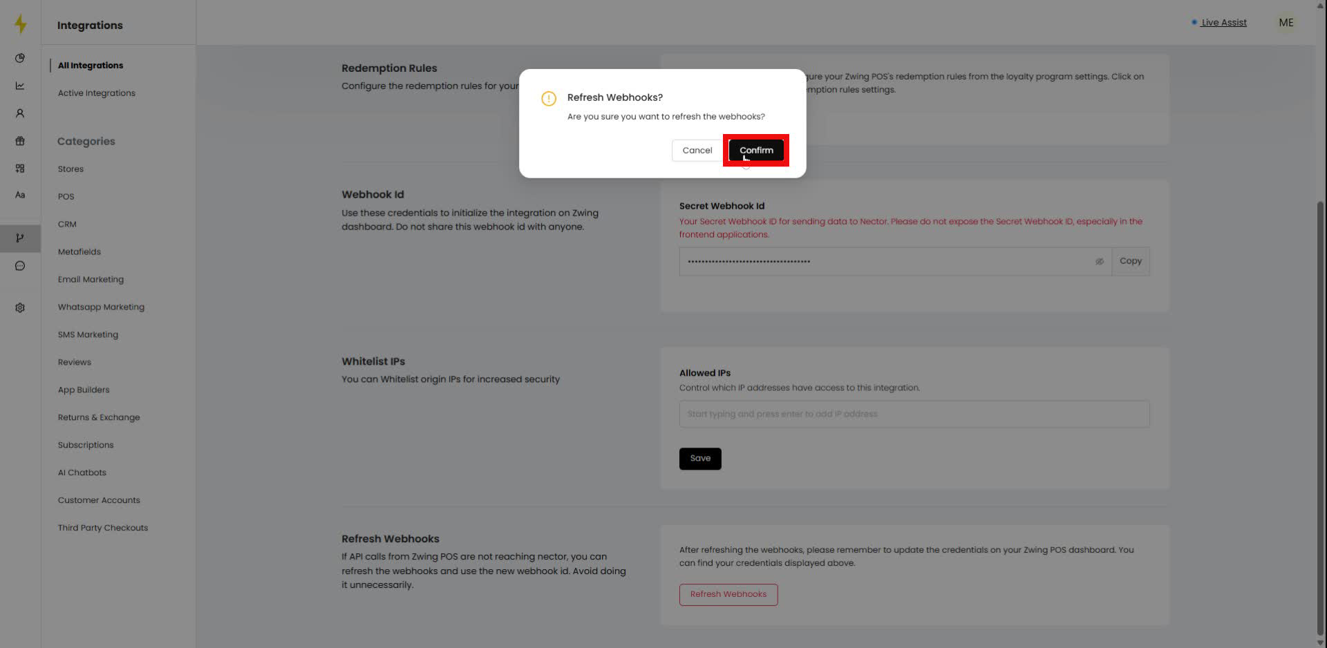 In the modal, click the "Confirm" button to refresh the webhooks.