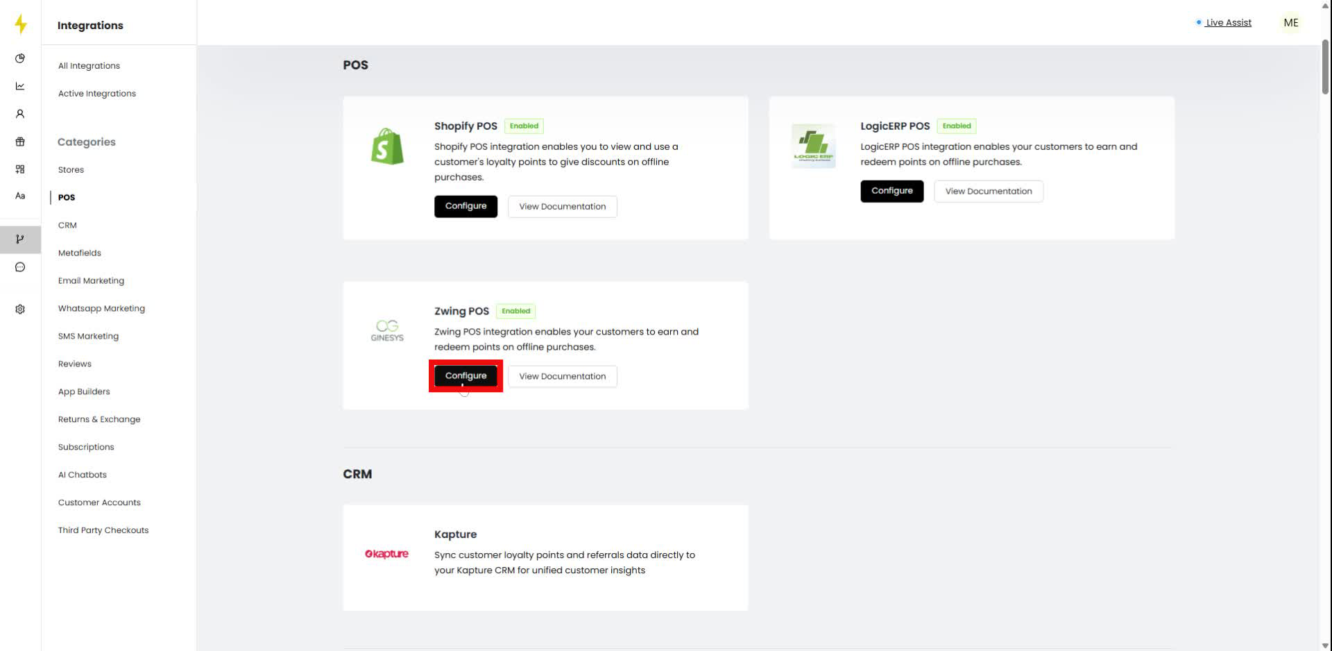 Click the "Configure" button for Zwing POS.