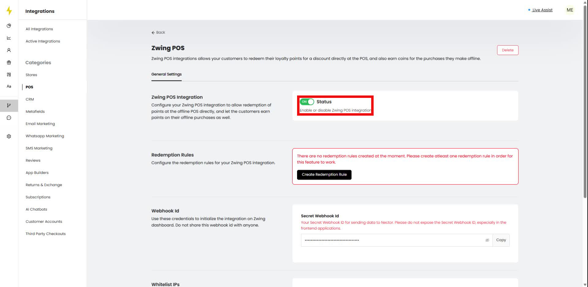 Toggle the "Status" switch to enable Zwing POS integration.
