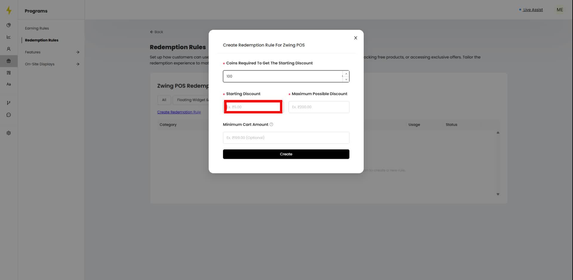 Enter "200" in the "Starting Discount" field in the modal.