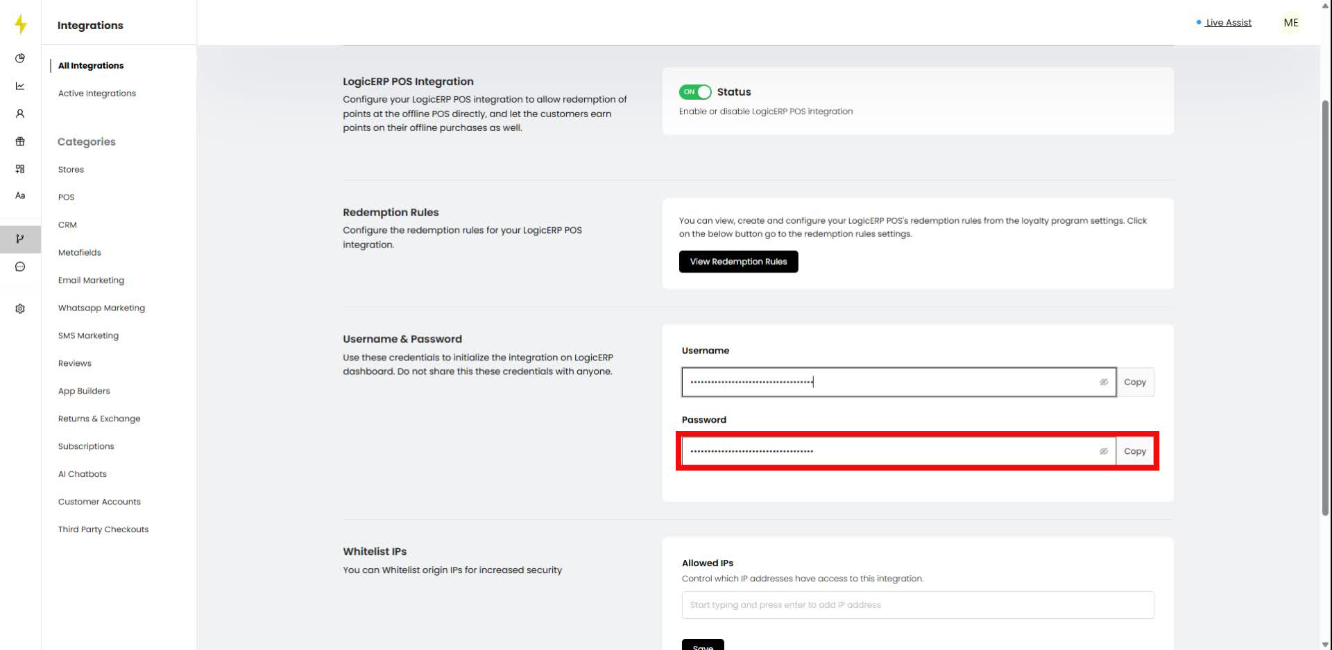 Click the "Copy" button next to the Password field in the form.