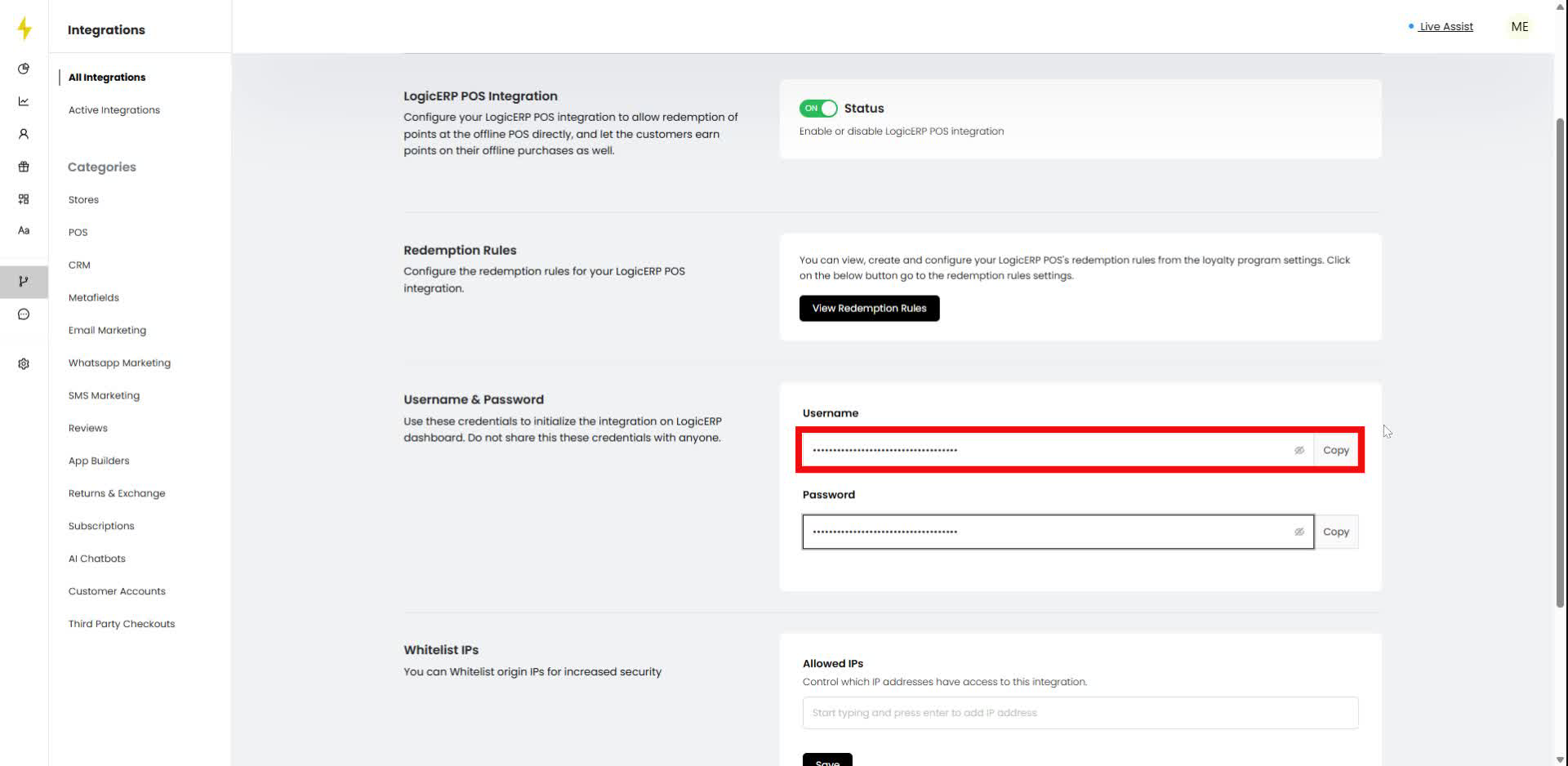 Click the "Copy" button next to the Username field in the form.