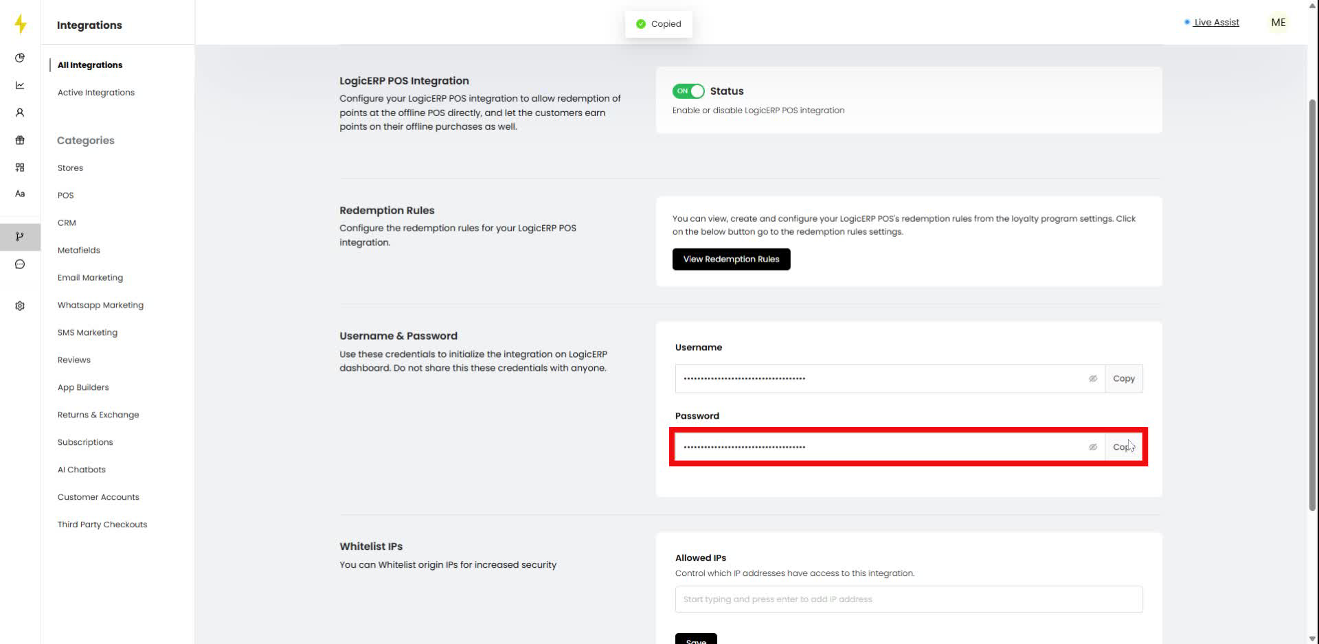 Click the "Copy" button next to the Password field in the form.