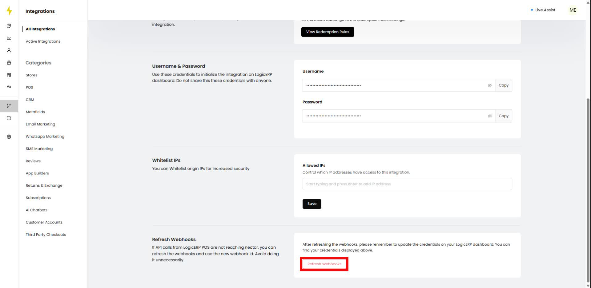 In the "Refresh Webhooks" section, click the "Refresh Webhooks" button.