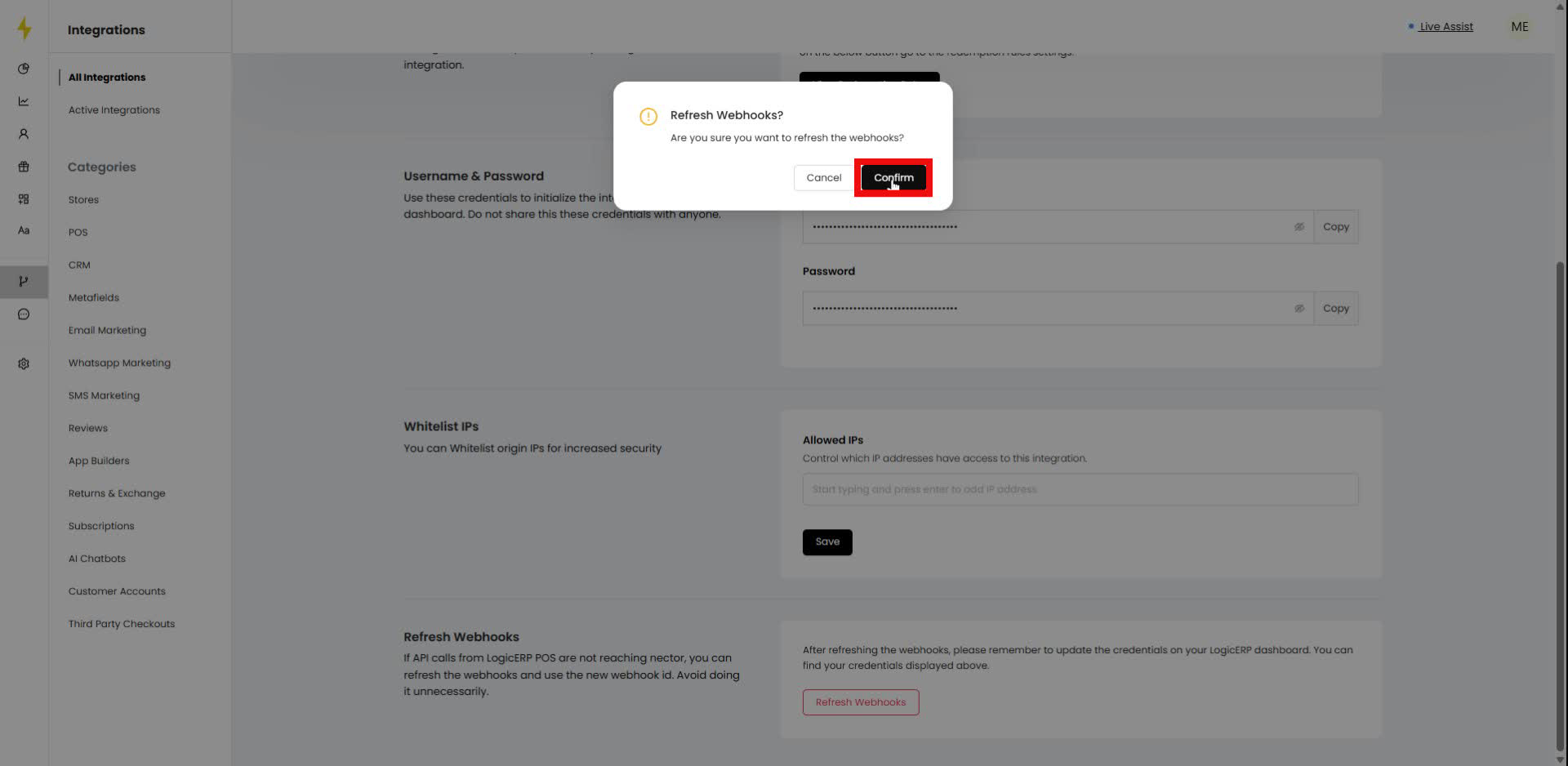 In the confirmation modal, click the "Confirm" button to proceed with refreshing the webhooks.