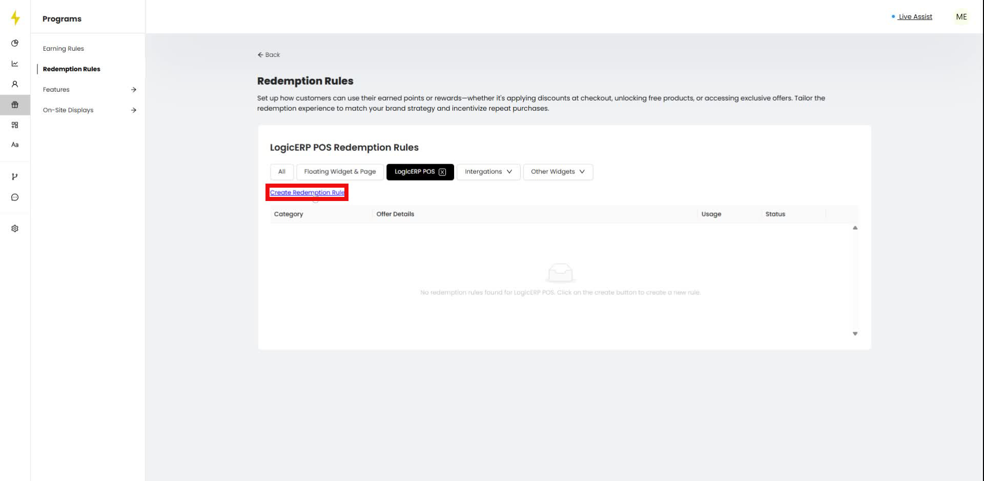 In the Redemption Rules section, click "Create Redemption Rule."