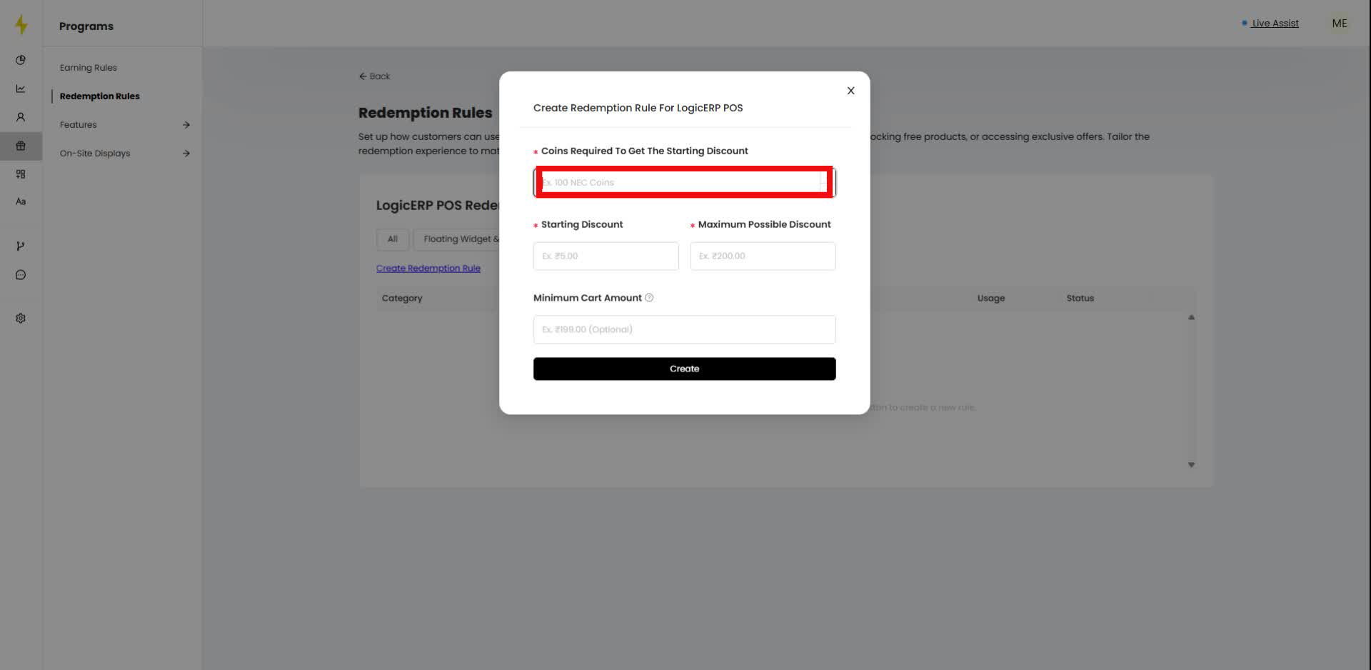 Enter the number of coins required for the starting discount in the modal.