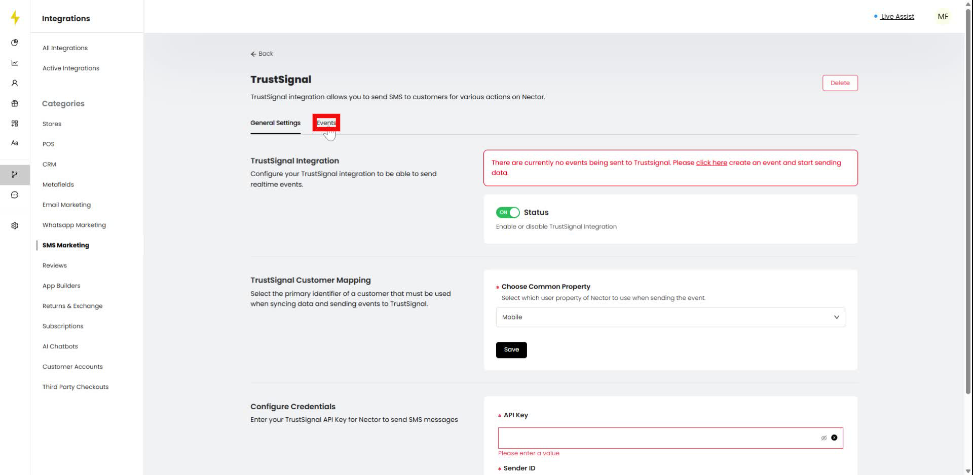 In the TrustSignal integration page, click on the "Events" tab.