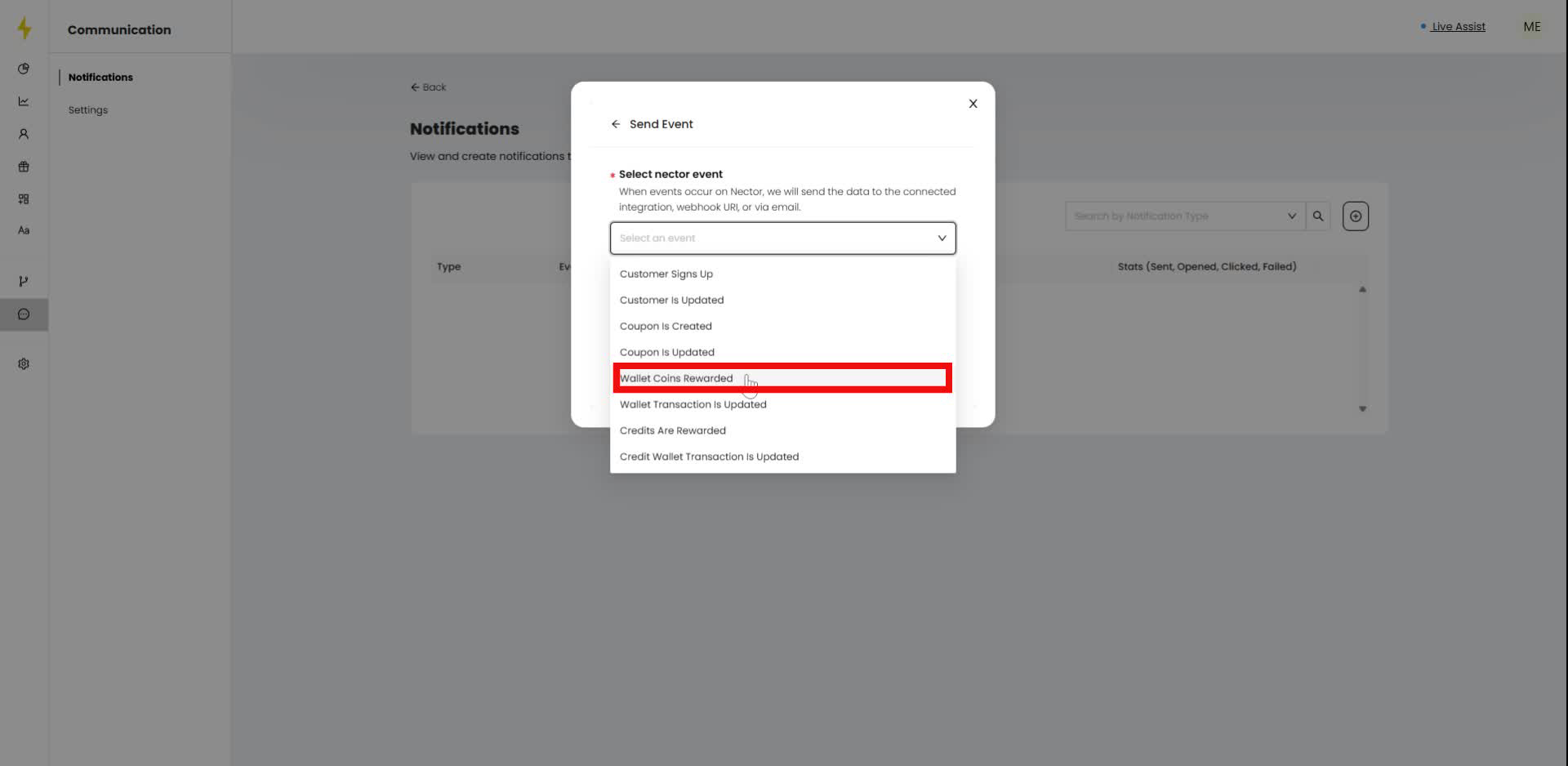 Choose "Wallet Coins Rewarded" from the list of events in the modal.