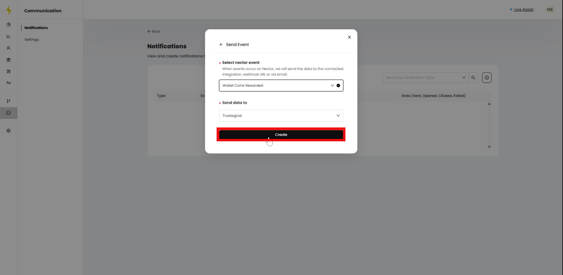 Click the "Create" button in the modal to finalize the event creation.