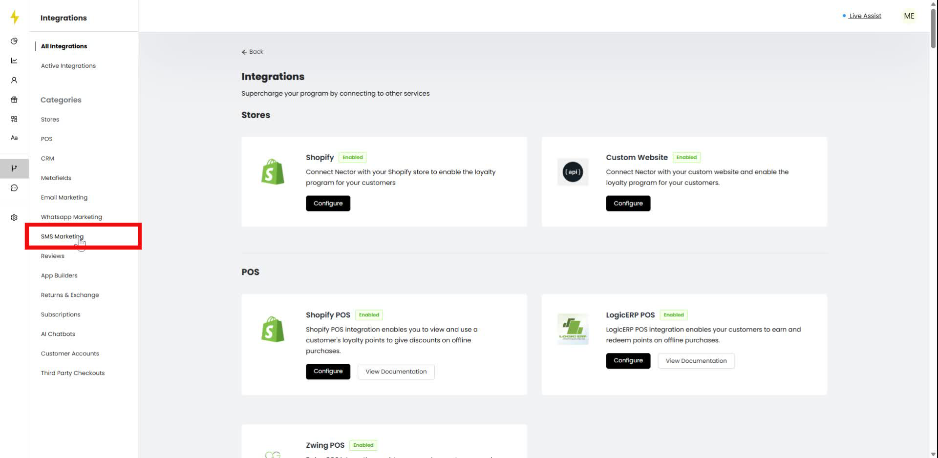 In the integrations menu, select "SMS Marketing."