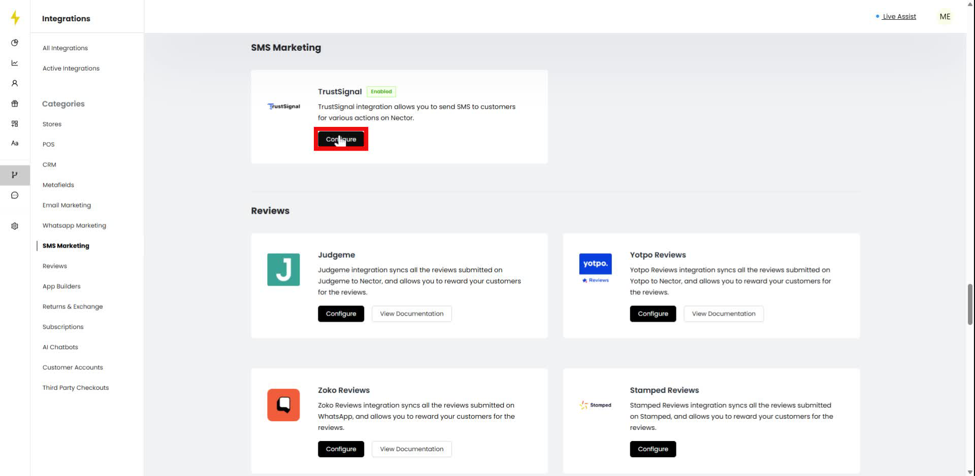 Click on "Configure" under TrustSignal in the SMS Marketing section.