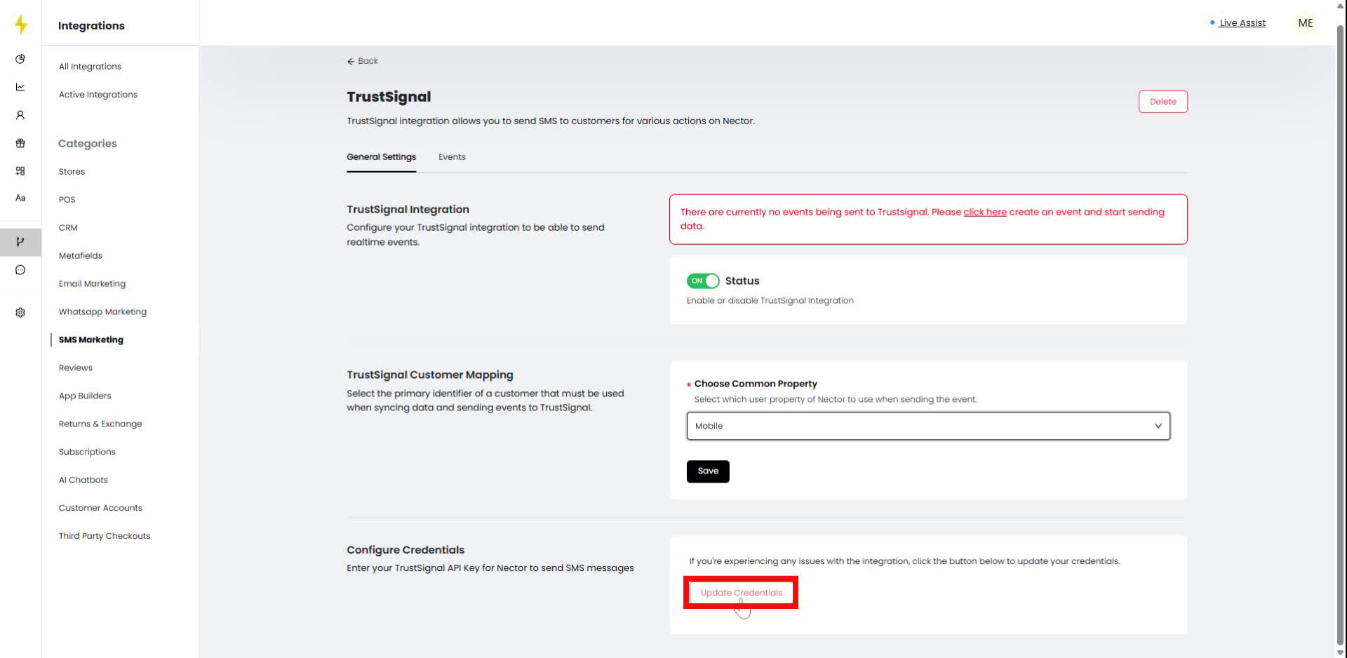 Click on "Update Credentials" in the Configure Credentials section.
