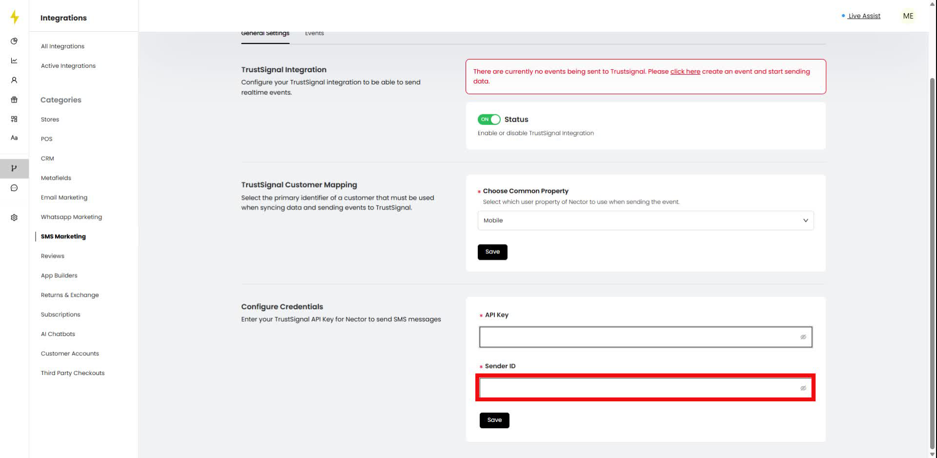 Enter your Sender ID in the provided field under Configure Credentials.